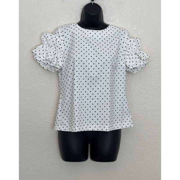 Banana Republic Womens Blouse White Short Sleeve Ruffle Top Polka Dot Classic, S - Picture 2 of 7